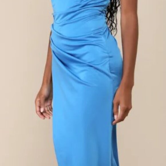 Lulus Elegant Status Bright Blue Knit Strapless Tulip Midi Dress - Size XS - Picture 2 of 5